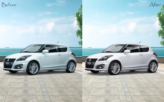 Before and After Car Photography Showing Retouched Background and Lighting Enhancements"